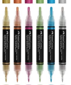 Faber-Castell Black Edition Shake & Paint Acrylic Markers i metallic farver vist i et kreativt miljø med tegninger og dekorationsprojekter.