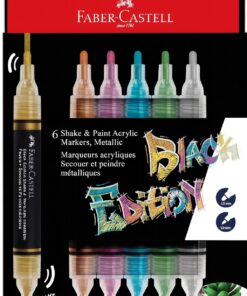 Faber-Castell Black Edition Shake & Paint Acrylic Markers i metallic farver vist i et kreativt miljø med tegninger og dekorationsprojekter.