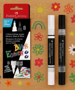 Faber-Castell Black Edition Shake & Paint akrylmarkører i sort og hvid, dobbeltsidet design med forskellige spidser.