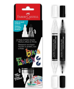 Faber-Castell Black Edition Shake & Paint akrylmarkører i sort og hvid, dobbeltsidet design med forskellige spidser.