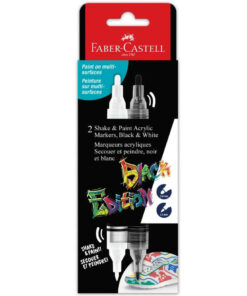 Faber-Castell Black Edition Shake & Paint akrylmarkører i sort og hvid, dobbeltsidet design med forskellige spidser.