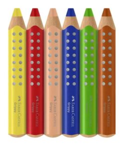 Faber-Castell Grippy XXL Jumbo farveblyanter i 6 farver med trekantet greb og grippy-prikker, inkl. blå spidser.
