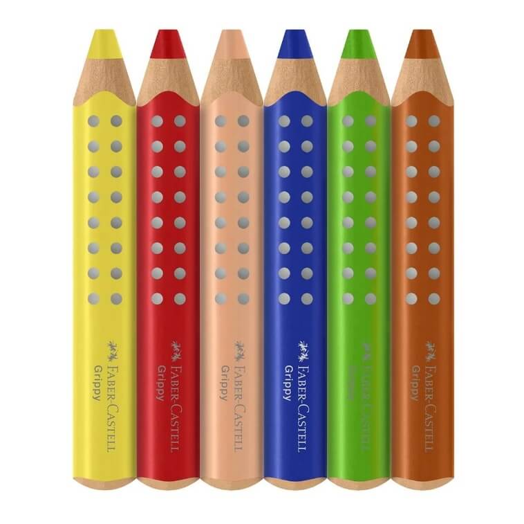 Faber-Castell Grippy XXL Jumbo farveblyanter i 6 farver med trekantet greb og grippy-prikker, inkl. blå spidser.