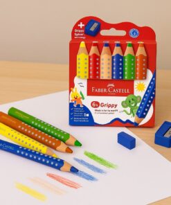 Faber-Castell Grippy XXL Jumbo farveblyanter i 6 farver med trekantet greb og grippy-prikker, inkl. blå spidser.