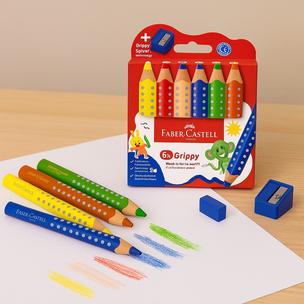 Faber-Castell Grippy XXL Jumbo farveblyanter i 6 farver med trekantet greb og grippy-prikker, inkl. blå spidser.