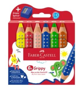 Faber-Castell Grippy XXL Jumbo farveblyanter i 6 farver med trekantet greb og grippy-prikker, inkl. blå spidser.