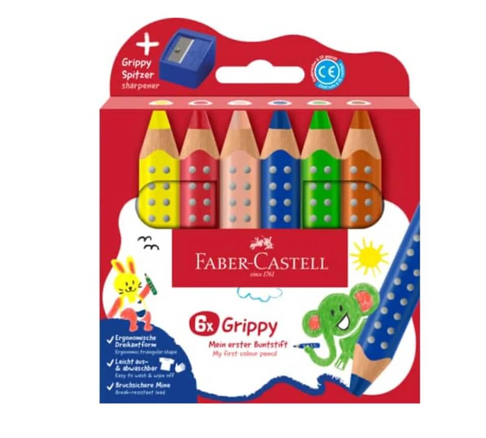Faber-Castell Grippy XXL Jumbo farveblyanter i 6 farver med trekantet greb og grippy-prikker, inkl. blå spidser.