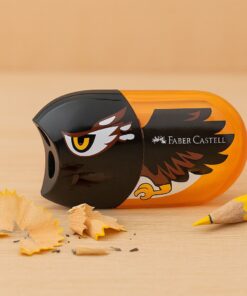Faber-Castell ørnemotiv blyantspidser med integreret viskelæder i orange og sort.