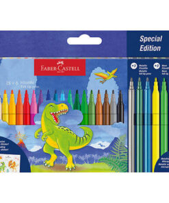 Faber-Castell tusser med 18 standardfarver, 3 metallic, 3 neon og inklusive dinosaurstickers.
