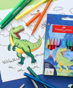 Faber-Castell tusser med 18 standardfarver, 3 metallic, 3 neon og inklusive dinosaurstickers.