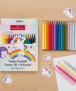 Faber-Castell Tusser 18 + 6 Pastel, Enhjørning – farverige tuscher og pastel glitretusser med enhjørningstema, arrangeret ved siden af æsken og dekoreret med små enhjørning-klistermærker.