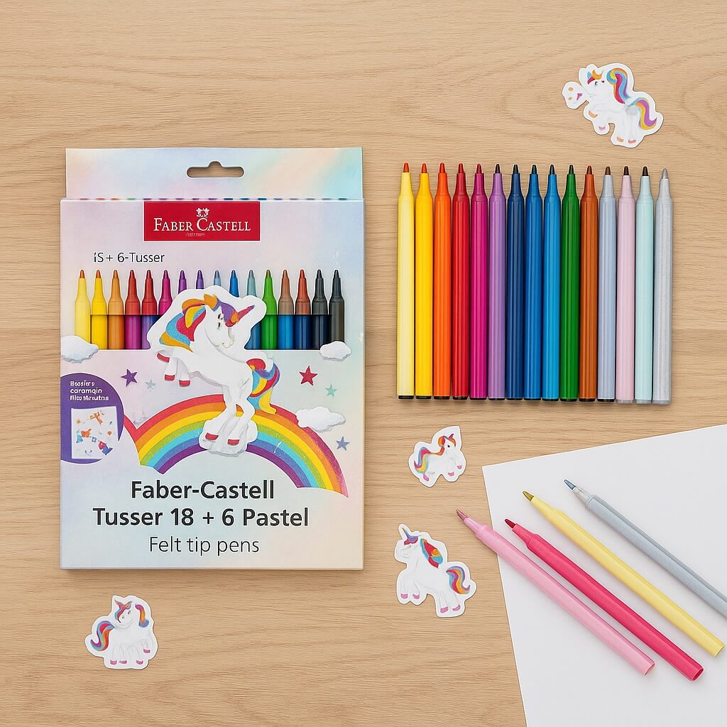 Faber-Castell Tusser 18 + 6 Pastel, Enhjørning – farverige tuscher og pastel glitretusser med enhjørningstema, arrangeret ved siden af æsken og dekoreret med små enhjørning-klistermærker.