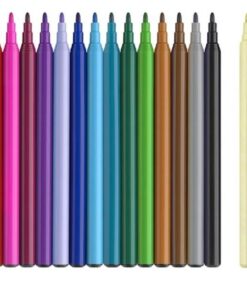 Faber-Castell Tusser 18 + 6 Pastel, Enhjørning – farverige tuscher og pastel glitretusser med enhjørningstema, arrangeret ved siden af æsken og dekoreret med små enhjørning-klistermærker.