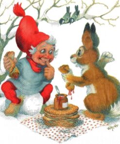 Juleservietter Vilhelm Hansen Nissemor spiser pandekager i skoven