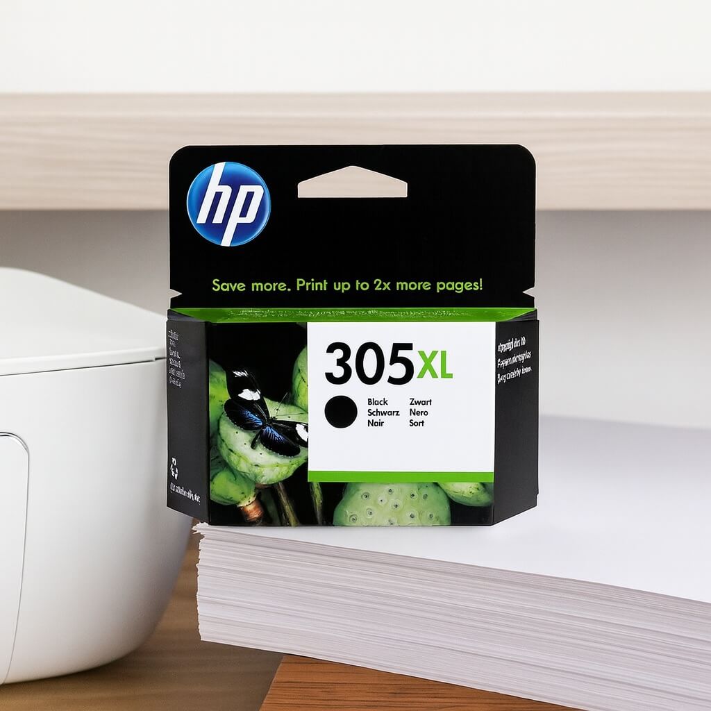 Original HP 305XL sort blækpatron i HP’s officielle emballage med XL-kapacitet.