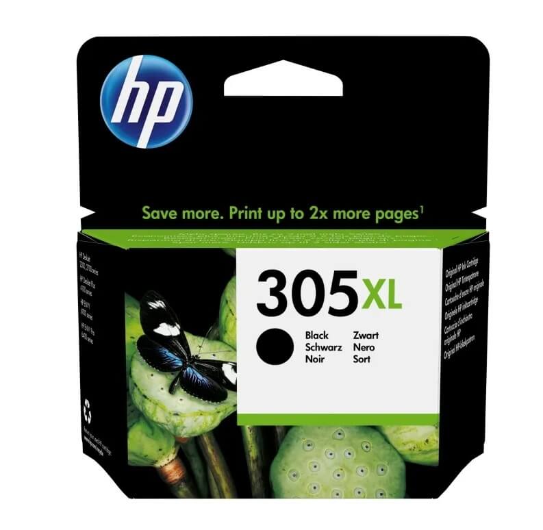 Original HP 305XL sort blækpatron i HP’s officielle emballage med XL-kapacitet.