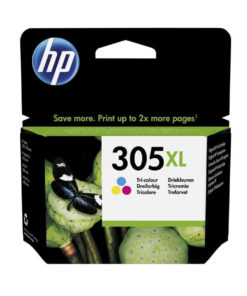 Original HP 305XL trefarvet blækpatron i sort og grøn emballage med HP-logo og farveikoner på fronten.