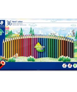 STAEDTLER Noris colour 185 farveblyanter i æske med 36 levende farver i klassisk gul-sort design.