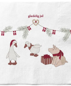 Juleservietter med teksten Glædelig Jul i røde og hvide julefarver, placeret på et festligt dækket julebord.