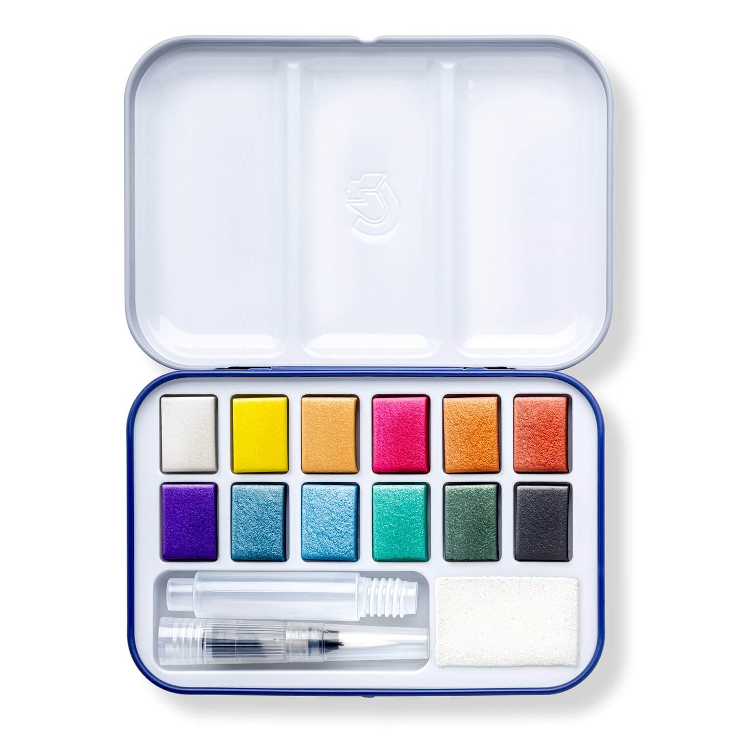 Staedtler Design Journey 888 akvarelmalingssæt med 12 metalliske farver, vandbørste og svamp.