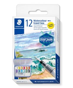 Staedtler Design Journey 888 akvarelmalingssæt med 12 metalliske farver, vandbørste og svamp.