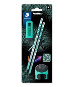 Staedtler NORIX 181 blyantsæt med 2 HB-blyanter, viskelæder og blå enkelt-huls blyantspidser.