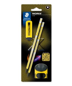 Staedtler NORIX 181 sæt med to HB-blyanter, et hvidt viskelæder og en blå enkelt-hul blyantspidser.