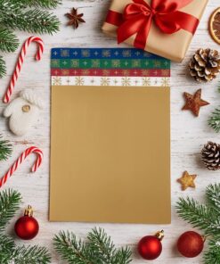 Glanspapirark i brunt med farvede topstrimler i blå, grøn, rød og hvid med gyldne snefnug.