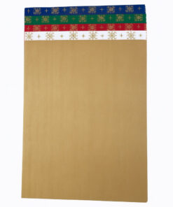 Glanspapirark i brunt med farvede topstrimler i blå, grøn, rød og hvid med gyldne snefnug.