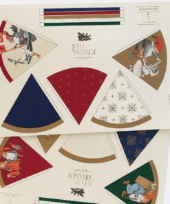 To A3-ark med klip-selv skabeloner til kræmmerhuse med nostalgiske nisse- og julemotiver i rød, blå, grøn og guld.