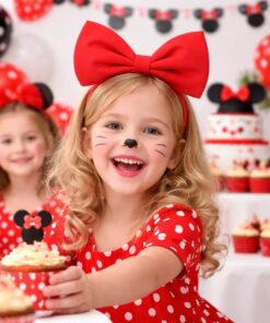 Pige med rød Minnie Mouse hårbøjle med sløjfe til børnefødselsdag med cupcakes og festpynt