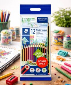 Staedtler Noris Colour 12 stk farveblyanter i emballage på kreativt skrivebord med tegnebog, blyanter og hobbyudstyr