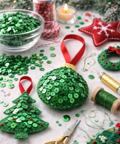 DIY julepynt med grønne pailletter – håndsyet julekugle og juletræ i filt med hobbyredskaber