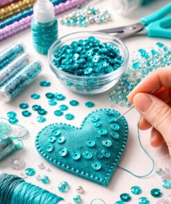 Turkise pailletter 6 mm syet på filt i kreativt DIY hobbyprojekt