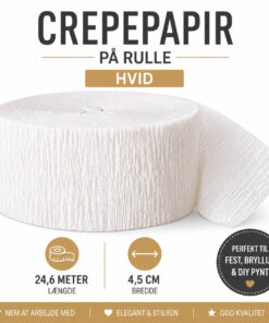 Crepepapir på rulle hvid 24,6 meter x 4,5 cm til festpynt, bryllup, konfirmation og DIY dekoration