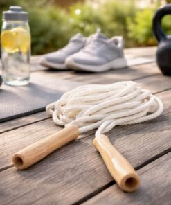 Hvidt sjippetov på 3 meter med træhåndtag på træterrasse med træningsudstyr i baggrunden