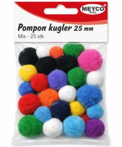 Pompon kugler 25 mm mix 25 stk i pose – farverige hobby pomponer til DIY og dekoration