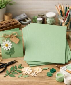 Lys grøn A4 karton fra Mayland Papperix brugt til DIY kort og scrapbooking på kreativt hobbybord med sakse, papirblomster og kartonark.