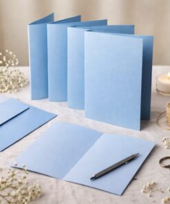 Lyseblå A5 dobbeltkort i 5-pak opstillet med åbent kort og pen på bord – struktureret kvalitetspapir til invitationer og lykønskninger.