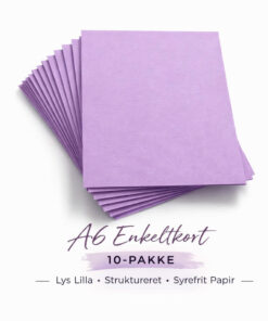 A6 enkeltkort i lys lilla, 10-pak med struktureret syrefrit papir på hvid baggrund