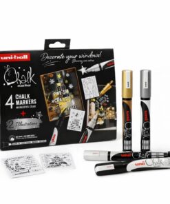 Uni Chalk PWE-5M julesæt med 4 chalk markers i guld, sølv, hvid og sort samt emballage og juleillustrationer