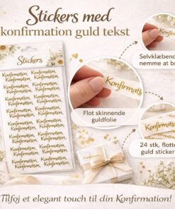 Selvklæbende konfirmation stickers med guld tekst – perfekt til invitationer, bordkort og DIY konfirmation pynt