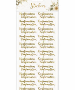 Selvklæbende konfirmation stickers med guld tekst på ark – perfekt til invitationer, bordkort og konfirmation pynt
