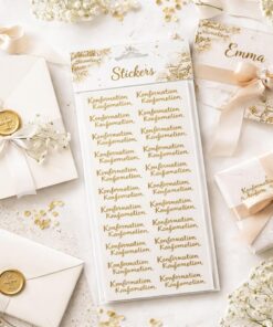 Konfirmation stickers med guld tekst brugt til invitationer, bordkort og gaveindpakning – elegant DIY konfirmation pynt