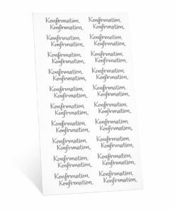 Selvklæbende konfirmation stickers med sølv tekst på hvid baggrund packshot