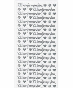 Selvklæbende konfirmation stickers med sølv tekst “Til konfirmanden” samt små hjerter og blomster vist som packshot