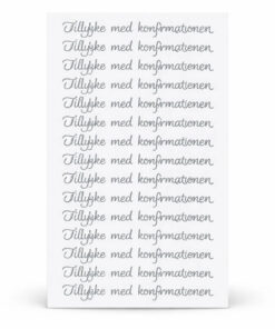 Selvklæbende konfirmation stickers med teksten tillykke med konfirmation i sølv på ark