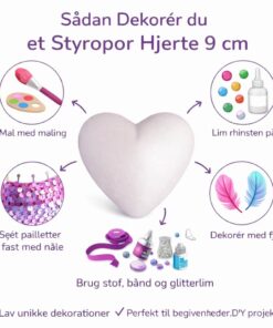 Infografik der viser hvordan man dekorerer et styropor hjerte 9 cm med maling, rhinsten, pailletter og fjer