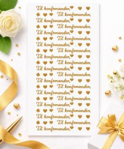 Selvklæbende guld stickers med teksten til konfirmanden på ark med gave bånd og blomster til konfirmation pynt