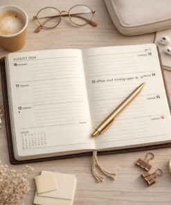 A6 ugekalender 2026 2027 åben med ugevisning på skrivebord med kaffe og pen planlægning studerende